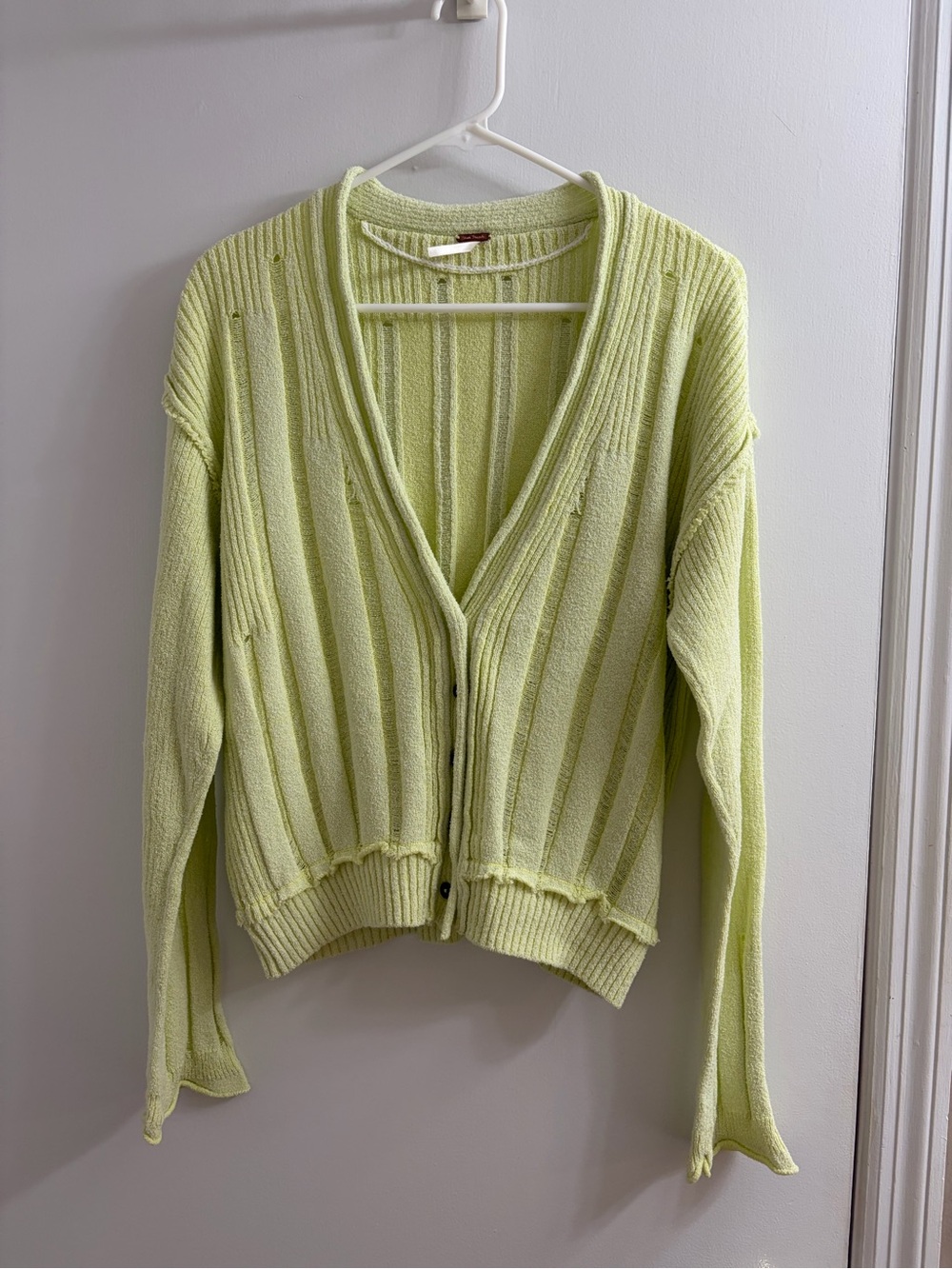 Free People Light Lime Green Ribbed Button-Front Distressed Cardigan